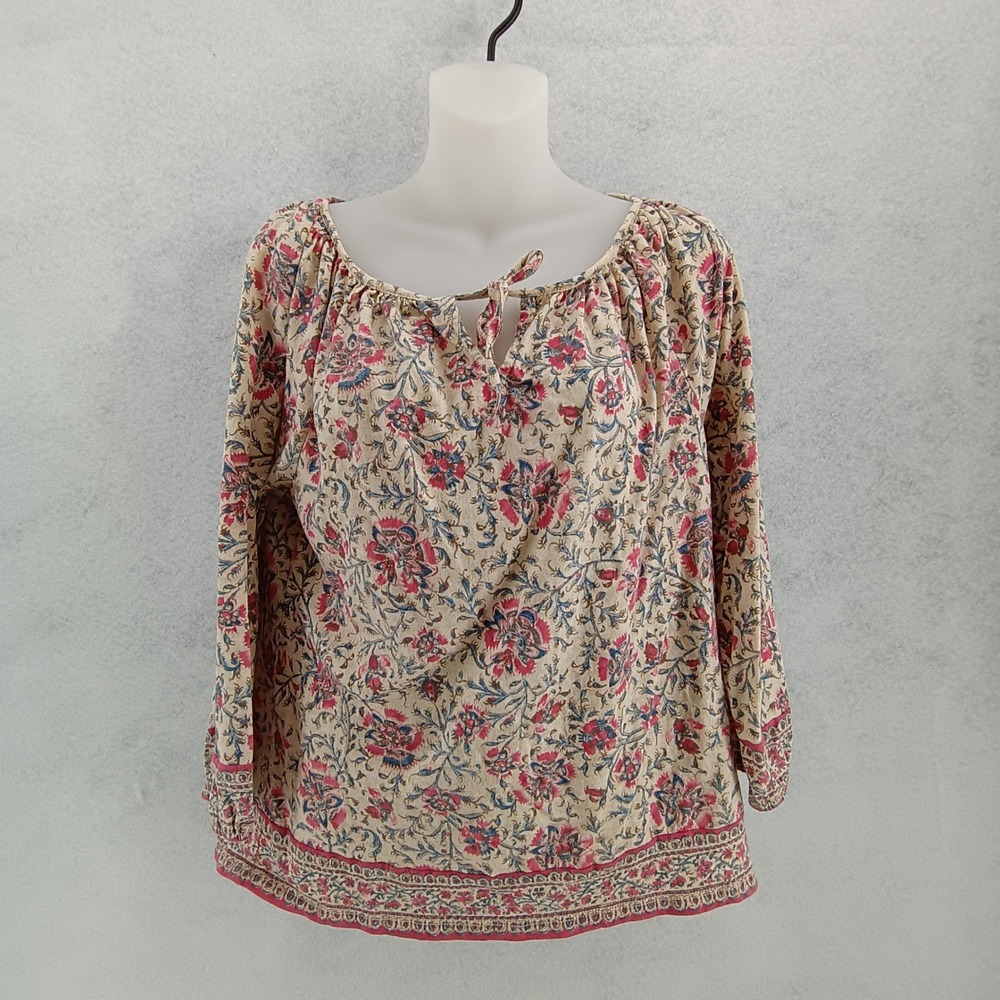Lauren Ralph Lauren Womens Medium Pink Floral Cotton Peasant Blouse Top Boho M